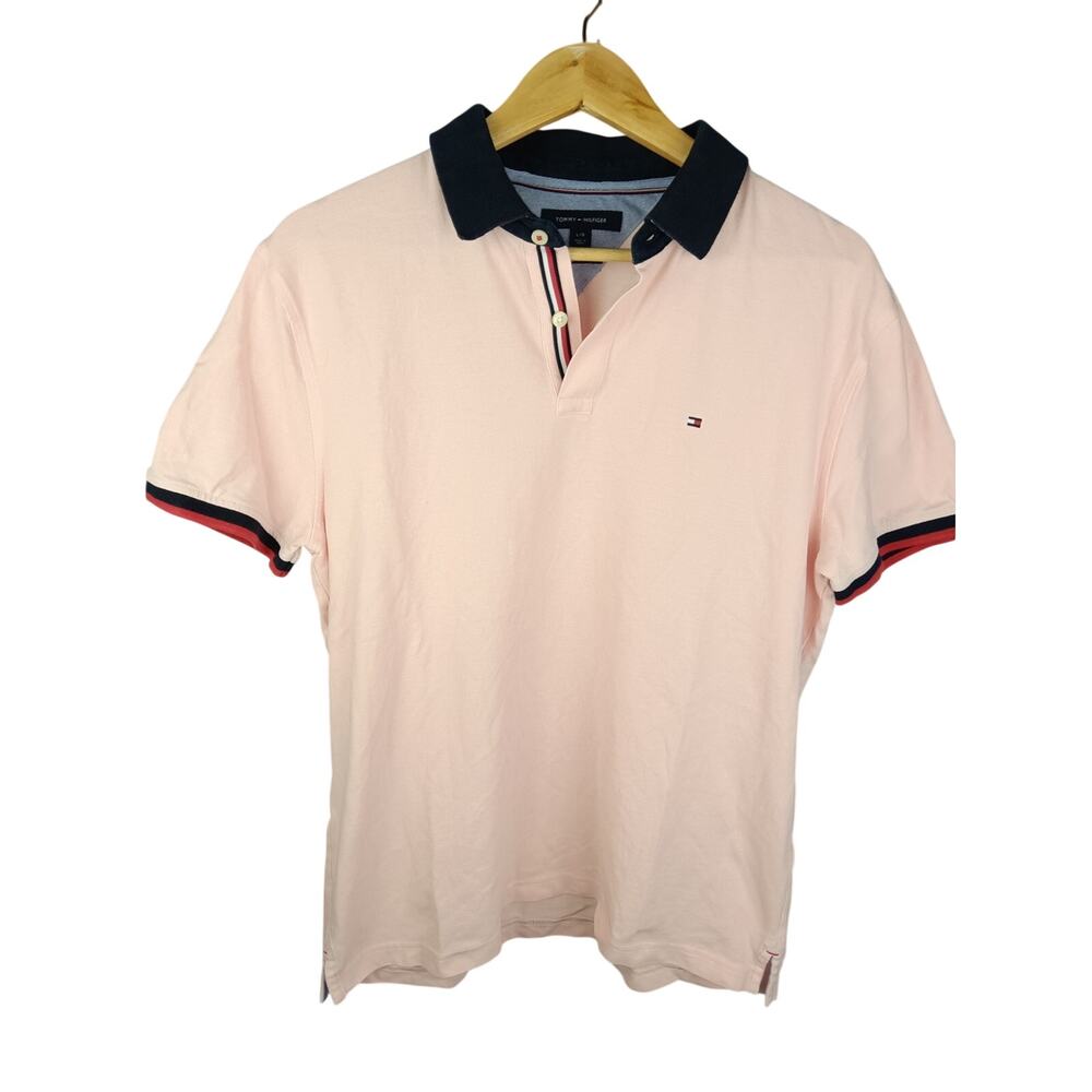 Tommy Hilfiger Men's Pink Polo Shirt with Navy Collar